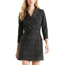 NWT Mango MNG Plaid Double Breasted Blazer Dress XS Green Navy Tartan Belted picture