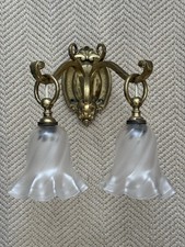 2 ANTIQUE ART NOUVEAU TWIN ARM WALL LIGHT LAMP SCONCES PAIR BRASS picture