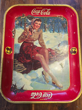 Coca-Cola 1941 Original Metal Serving Tray Red/Gold Border Winter Girl Skating picture