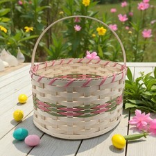 Amish Made Large Round Easter Basket With Solid Oak Bottom and Handle picture