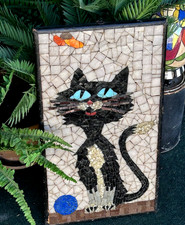 Vintage Large Whimsical Cat Original Hand Cut Glass Mosaic Tile On Wood 1970’s picture