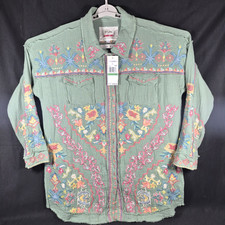 Johnny Was Biya Embroidered Button Front Shirt Sage Green Women's L Boho NWT picture