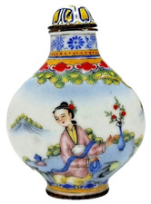 Antique Chinese Enameled on Copper Hand Painted Snuff Bottle Signed picture