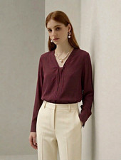 Vince. Women's Burgundy Silk Woven Pleated V-Neck Long Sleeve Blouse M picture