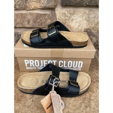 Project Cloud Venita Black Leather Two Strap Buckle Slide Sandals Women 9 New picture