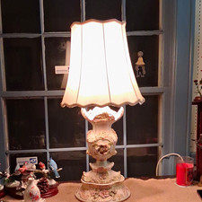 Vintage Floral Ceramic Table Lamp w/ Shade, White/Pink, Corded Wall Switch picture
