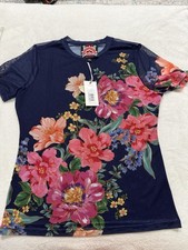 Johnny Was Eleanor Mesh Tee pink & orange floral print navy mesh L D77 $138 picture