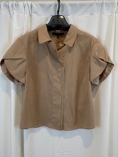NEW Lafayette 148 New York Sz 14 Beige Short Sleeve Button-Up Cotton Shirt  $298 picture