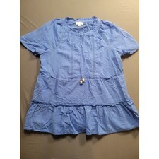 wonderly womens medium blue tiered babydoll top crochet trim wood bead tassel picture
