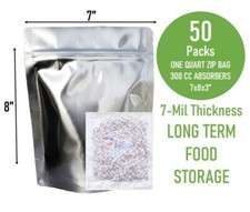 (50PC) 1 Quart Mylar Bags Stand Up 14Mil Gusset Zip Seal+300 CC Oxygen Absorbers picture