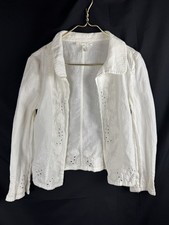 ESCADA White Linen Jacket Blazer Embroidered Eyelet Floral Lace German Sz M picture
