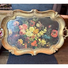 Vintage Florentine Gold Gilt Wood Floral Serving Tray Italian Style Ornate 15in picture