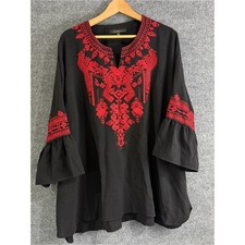 Calessa Womens 3X Embroidered Tunic Blouse Black Red Boho Bell Sleeve Peasant picture
