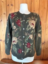 Talbots Petites LambsWool Cardigan Green Floral Embroidered Hong Kong Vintage M picture