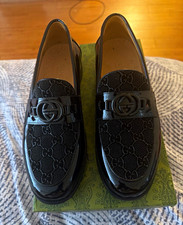Gucci Women’s Black Monogram Logo Patent Leather Slip-On Loafer Flat 8 picture