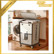 Laundry Hamper with Wheels and Lid, 150L Large Capacity, White, Rolling Laundry picture