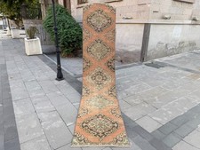 Salmon Oushak Runner Rug 2.4x10.9 ft Vintage Turkish Wool Medallion Carpet picture