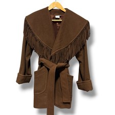 Vintage 80s Donnybrook Spiegel Wool Fringe Coat Womens 2P Brown Western Cowgirl picture
