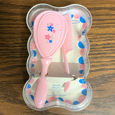 Vintage Nursery Needs Baby Brush Comb Set Pink Floral Teddy Bear Case USA picture