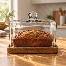 Large HOLMBERG MCM Rectangular Acacia Tray Clear Glass Dome Bread Tapas Serving picture