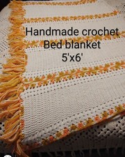 BEAUTIFUL VINTAGE HANDMADE CROCHET AFGHAN BED BLANKET FRINGE ORANGE MUSTARD picture