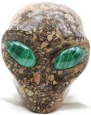 Incredible XL Brecciated CHERT Heavy Alien Head with Gemstone MALACHITE Eyes picture