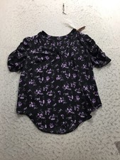 Torrid Blouse Size 0 Black Purple Floral V Neck Short Sleeve Lightweight picture