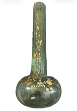 Antique Moser Bohemian Green Fluted Art Glass Vase Gold Floral  11” Unmarked picture