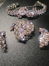 Sherman Signed Pink and Blue Crystal Jewel Set Bracelet Brooch Clip-On Earrings picture