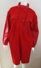 Vintage 1980s Claude Montana Red Wool & Leather Dress S/M Long Zip Off Sleeves picture