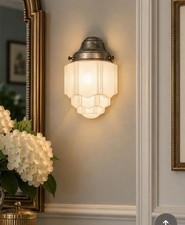 Antique 30’s Art Deco Skyscraper Milk Glass Wall Sconce Light Wedding Cake Shade picture