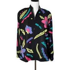 Vintage 80s 90s Neon Abstract Floral Full Zip Jacket Alfred Dunner Pockets 8 picture
