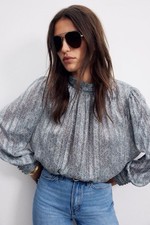 H&M Women’s Balloon Sleeve Light Blue Patterned Blouse | Size Large picture