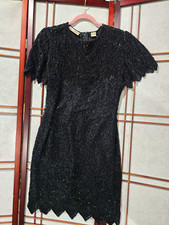 Laurence Kazar New York Black Beaded Sequin Sheath Knee Dress M Cap Sleeve picture