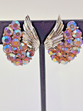 Vintage CORO Signed Pink Aurora Borealis Silver Tone Clip On Earrings 1960s picture
