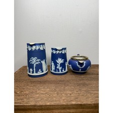 Lot of 3 Wedgwood Jasperware Blue Creamer Sugar Bowl Pitcher Set Neoclassical picture