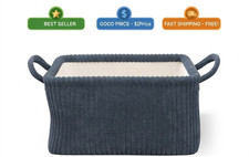 Medium Dark Blue Ribbed Corduroy Storage Basket with Handles Organizer Bin picture