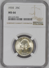 :1935-P S25C WASHINGTON-QUARTER BLAST WHITE NGC MS-66 RARITY R3 HIGHEST-GRADES picture