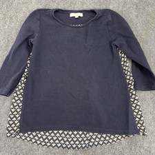 LOFT Mixed Media Ribbed Knit Floral Back Blouse Navy Blue Size S picture