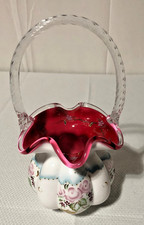 Vintage Fenton Connoisseur Collection Signed Peach Crest/Roses Glass Basket/#957 picture