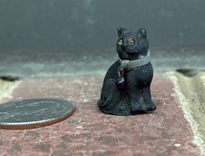 Antique Czech miniature Black Glass Cat Amber Eyes Collar amethyst Bead  1920s picture
