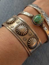 Early Ingot Silver Native Navajo Stamped Cuff Antique Vintage Starburst Concho 6 picture