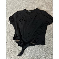 Love J Distressed Cropped T Shirt Black Front Tie Knot Shredded Top Medium picture