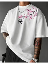 Cherry Blossom Japanese Style Element Print T-Shirt, Men'S Street Casual Round N picture