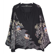 Citron Santa Monica Blouse Women 3X Silk Asian Landscape Pagoda Print Black picture