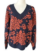 Garnet Hill Sweater Womens S Blue Floral Pima Cotton Alpaca V Neck Knit Pullover picture