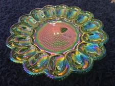 Vintage MCM Indiana Glass Lime Green Egg Party Plate Carnival Iridescent Hobnail picture