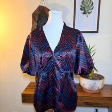 Satin Chevron Blouse Pink Blue Geometric Button Front Retro Y2K Size 12 picture
