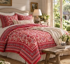 Pottery Barn Jane Paisley Quilt Red Queen 2 Euro Shams Reversible Comforter 3pc. picture