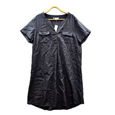 New Rockmans Dress Womens Shift Size 14 Black Linen Blend Short Sleeve V-Neck picture